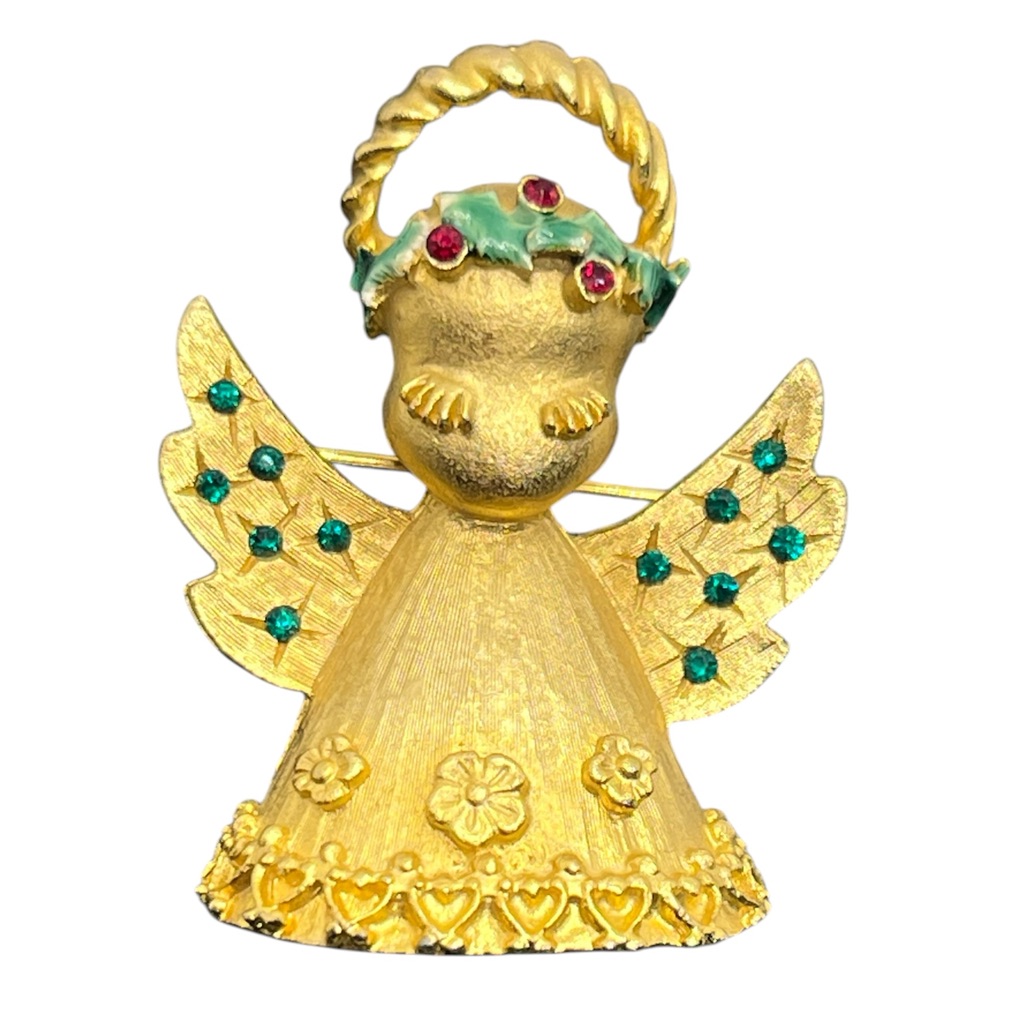 Mylu Christmas Angel Holiday Gold Tone Red & Green Rhinestone Enamel Vintage